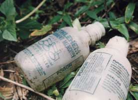 \Empty mercury bottles found in the watershed forests behind the Unilever factory. Photo: Shailendra Yashwant/Greenpeace, 2001